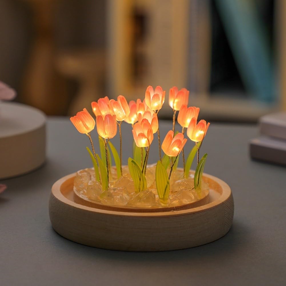 Zenllihome Pink Night Light with Wooden Base, Glass Flower Lamp for Girls Bedroom, Romantic Room Ornament and Aesthetic Decor for Valentine Mother Day(20 Pink)