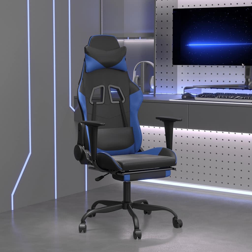 Silla gaming de piel sintética negra y azul con función de masaje, reposapiés, soporte lumbar, altura regulable, silla giratoria, ergonómica para jugar, streaming y trabajo en el escritorio