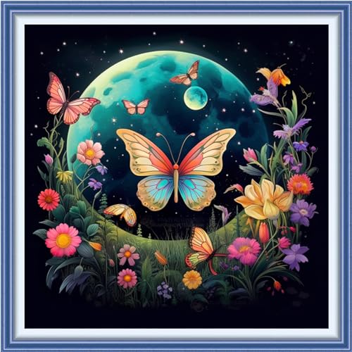 Image of Funxvoot Stamped Cross Stitch Kits Beginners Full Range of Embroidery Kits for Adults 11CT Embroidery Patterns Needlepoint Kits Printed Cross Stitch Kits -（Moon Butterfly 18x18 inchs）