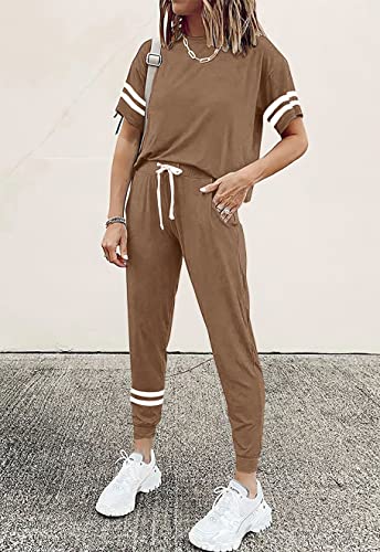Image of PRETTYGARDEN Women Summer Two Piece Outfits Striped Short Sleeve Pullover and Long Pants Tracksuit Travel Pajama Lounge Set