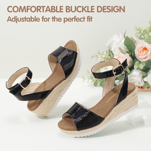 Image of PANDANINJIA Girls Wedge Sandals Espadrilles Platform Heels for Girls Dress Shoes Ankle Strap Little Big Kids Sandals Summer Shoes