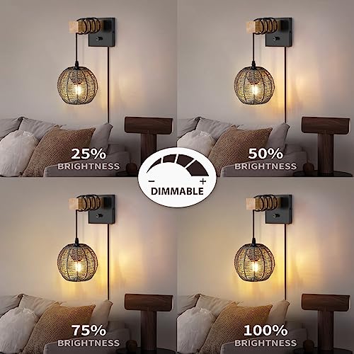 Hymela N01 Rattan Wall Sconce With Hand Woven Shade, Boho Wall Lamp With Dimmer On/Off Switch, Farmhouse Wall Mount Light Fixture, Plug In Wall Sconces For Bedroom Living Room Kitchen(Bulb Included) #TOP2