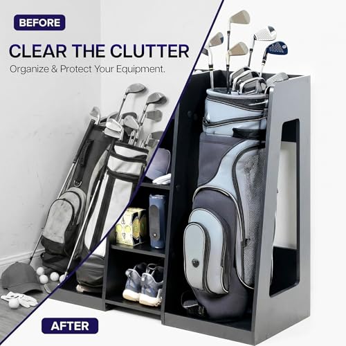 Golf-Bag-Organizer-Storage-Holder-for-Garage-with-2-Side-Compartments-3-Middle-Cubbies-and-More-Black-LF-GBS1