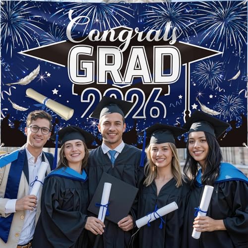 Image of Graduation Banner, Graduation Decorations 2026, Blue Black Banner Graduation, Large Blue Graduations Sign Backdrop, Class of 2026 Congrats Grad Party Decor for Door Porch Sign Indoor Outdoor 180*110cm