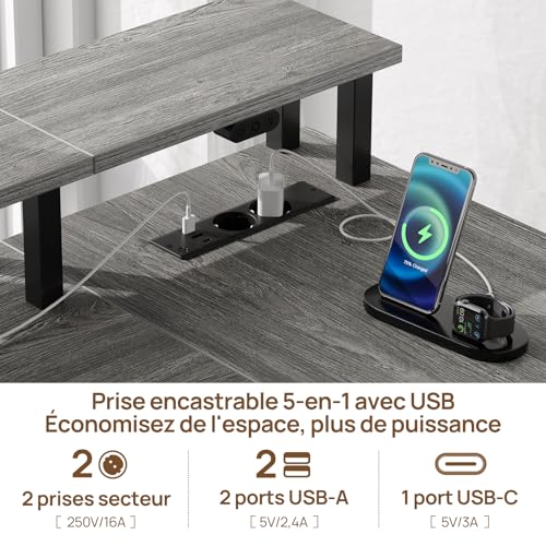 Bureau d'ordinateur en L Seventable gris avec ports USB intégrés