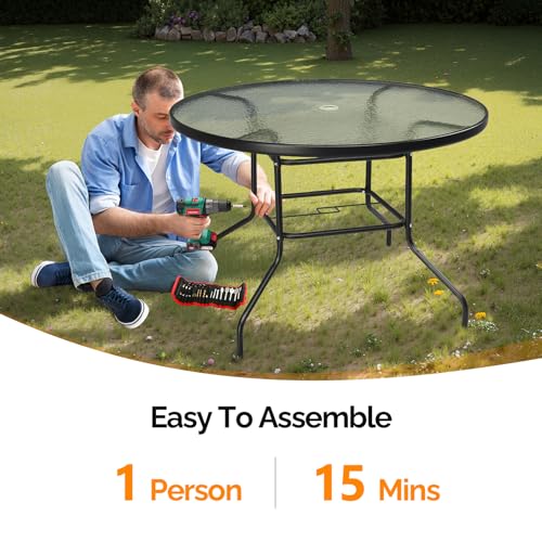 Image of VINGLI 40'' Outdoor Dining Table with Umbrella Hole, All Weather Round Patio Table, Waterwave Tempered Glass Top and Metal Frame, for Garden Porch Balcony Yard