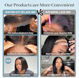 EQ DUOUPA Wear and Go Glueless Bob Wigs Human Hair Pre Plucked Pre Cut Short Bob Straight Lace Front Wigs 5x5 Hd Lace Closure Wigs Human Hair for Beginners Natural Black 8inch (bob human hair, 8inch)