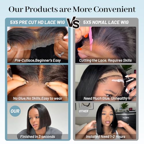 EQ DUOUPA Wear and Go Glueless Bob Wigs Human Hair Pre Plucked Pre Cut Short Bob Straight Lace Front Wigs 5x5 Hd Lace Closure Wigs Human Hair for Beginners Natural Black 8inch (bob human hair, 8inch)