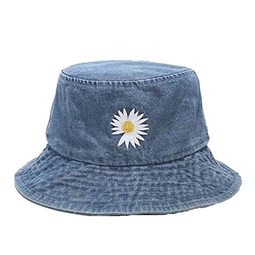 Quanhaigou Washed Cotton Denim Blue Bucket Hat,Daisy Embroidered Unisex Packable Summer Travel Bucket Beach Sun Hat