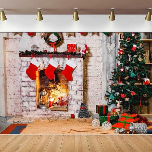 Fondo de fotografía con temática de Chimenea navideña, Calcetines navideños, Decoraciones de Regalo, Fondo de Foto para Fiesta Familiar, Pancarta y póster 350x240CM