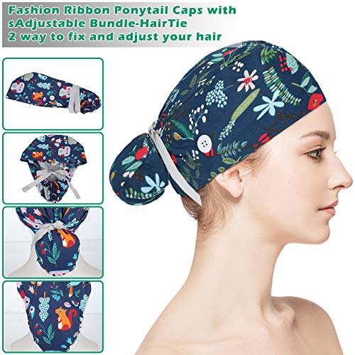 4 Pcs Scrub Caps Women With Buttons Adjustable Bouffant Hats Ponytail Hair Holder Nursing Bouffant Turban Hats (Fresh Style) #TOP1
