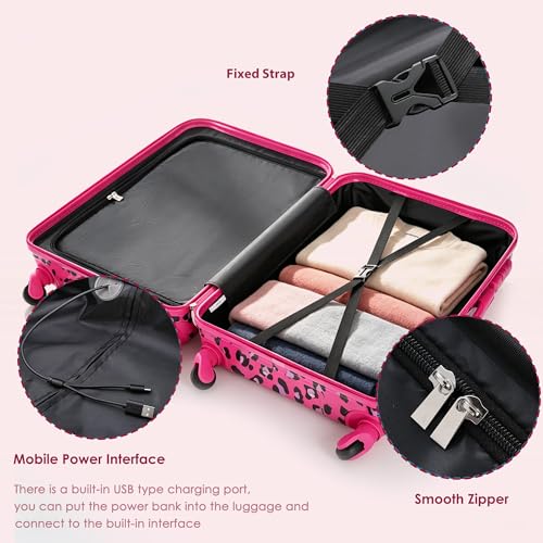 Image of Hardside Luggage Sets, Lightweight Stripes Suitcase with Spinner Wheels, Fuchsia Leopard Print