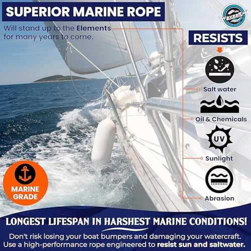 Image of WavesRx Premium Fender Line 3 /8'' x 6' (4 Pack) | Double Braided Nylon Boat Dock Lines and Ropes for Docking Buoys & Fenders | Marine Dock Ropes for Boats, Pontoons | Boat Ropes for Docking with Loop
