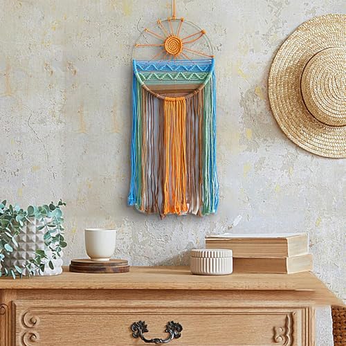Atrapasueños de macramé de sol y luna para decoración de pared bohemia 5