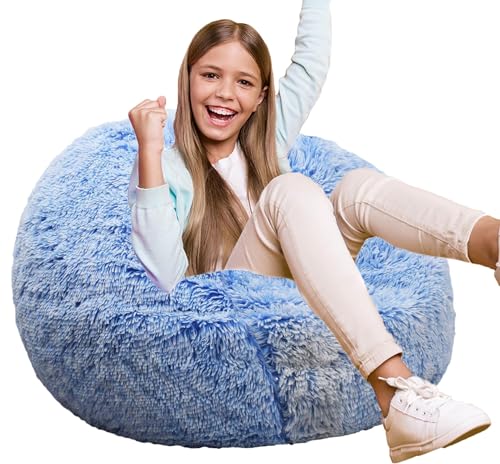 Image of Fluffy Bean Bag Chair for Kids, 2.5FT Round Memory Foam Filled Bean Bag for Teens & Kids, Ultra Soft Faux Fur Fabric Bean Bag Chairs for Playroom, Living Room, Bedroom, Blue