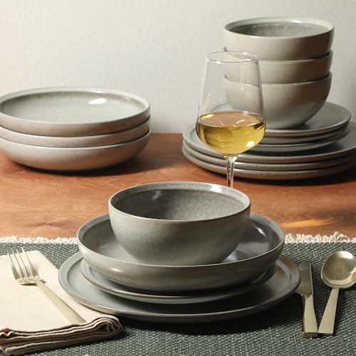 Image of Gibson Elite Beckett Stoneware Matte Reactive Glaze 16 Piece (Service for 4) Plates and Bowls Dinnerware Set - Ash White