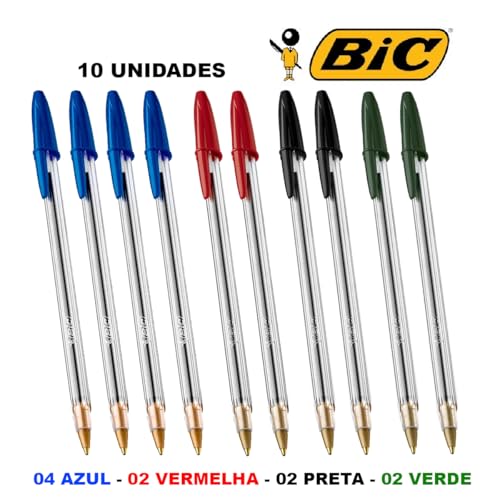 Kit 10 Canetas Esferográfica Vermelha, Azul, Preto e Verde Cristal Dura Mais A Clássica