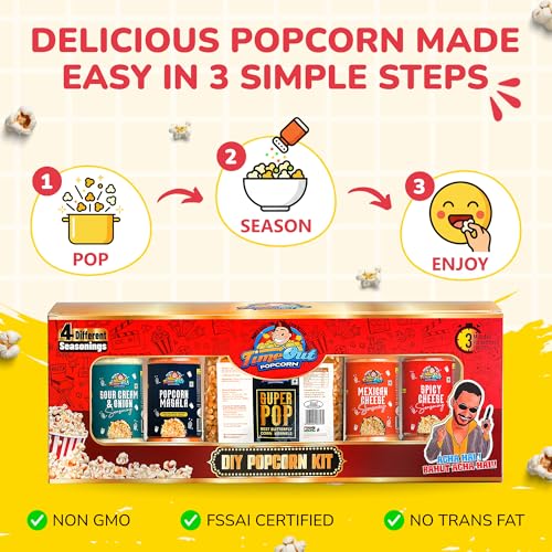 Image of Time Out Popcorn DIY Gift Hamper Kit, Popcorn Kernels (Maize) 400g with 4 seasoning Mexican Cheese, Spicy Cheese, Sour Cream Onion & Popcorn Masala