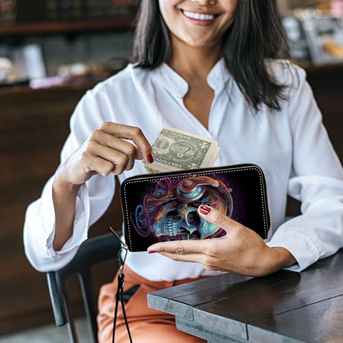 Image of Women's Wallets,Credit Card Holder Money Leather Long Wallet with Wristlet,Large Capacity with Zip-Around Phone Purse for Women Ladies Girls,Skull with Headphones
