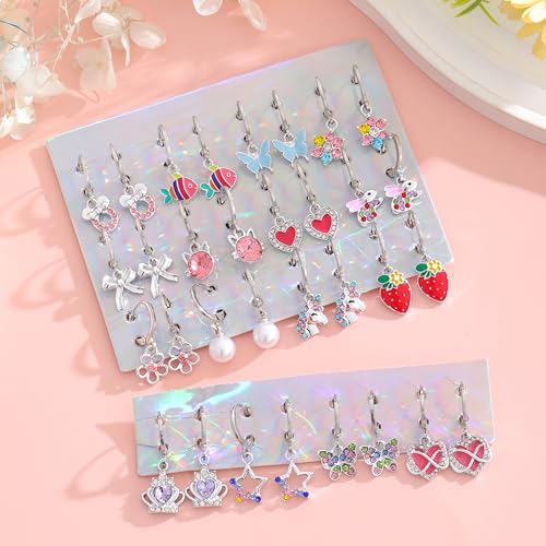 16 Pairs Hypoallergenic Earrings for Little Girls Kids Teens Sensitive Ears Silver Huggie Hoop Earrings with Charm CZ Heart Flower Butterfly Animal Cute Small Dangle Hoop Earrings Set3