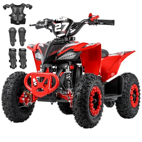 YATORP Gas Powered Four Wheeler for Kids, 50cc 2-Stroke Mini Quad for Trail, Grass and Mud Riding, 31 Mile Range, Pull Start Engine, Parental Speed Control, Safety Gear Set Included, Red