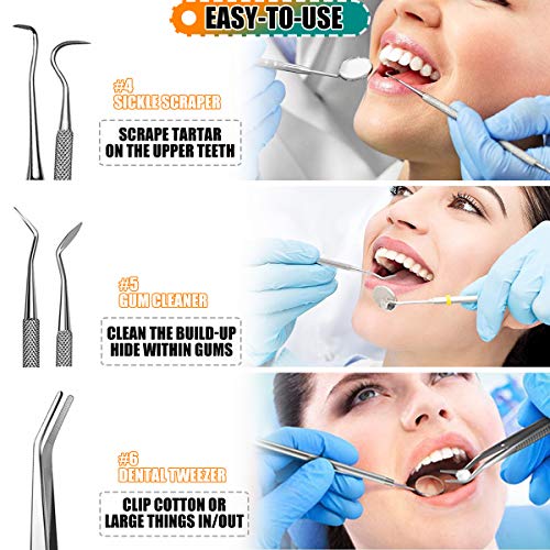 Dental Tools, 6 Pack Teeth Cleaning Tools Stainless Steel Dental Scraper Tooth Pick Hygiene Set with Mouth Mirror, Tweezer Kit for Dentist, Family Oral Care, Dogs - with Leather Case