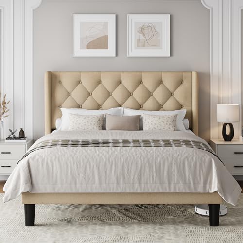 Einhomn Queen Size Platform Bed Frame with Fabric Upholstered Wingback Headboard, 11" Under Bed Space, Wooden & Metal Slats Support, No Box Spring Needed, Beige by Einhomn - Used condition - Image 7