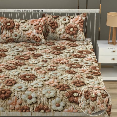 Image of RUMPS 380 TC Premium Heavy Cotton 7D Print Fast Colour Feel Elastic Fitted Floral Bedsheet King Size with 2 Pillow Covers || (Brown, Fitted - 72 inchx78 inch King)