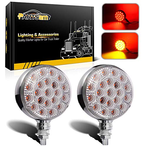 Partsam 2Pcs Round Double Face LED Pedestal Lights Clear Lens Dual-Face LED Stop/Turn/Tail Parking Light 42LED w Chrome die cast housing for Semi Trucks Trailers