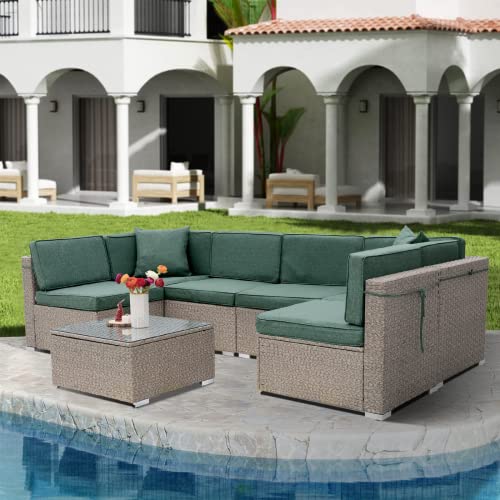 Luckwind Patio Conversation Set Sectional Sofa Couch Modern - 7 Pieces All-Weather Grey Wicker Rattan Outdoor Furniture Sets Seating Cushion Glass Coffee Table Accend Pillow, Green #TOP1