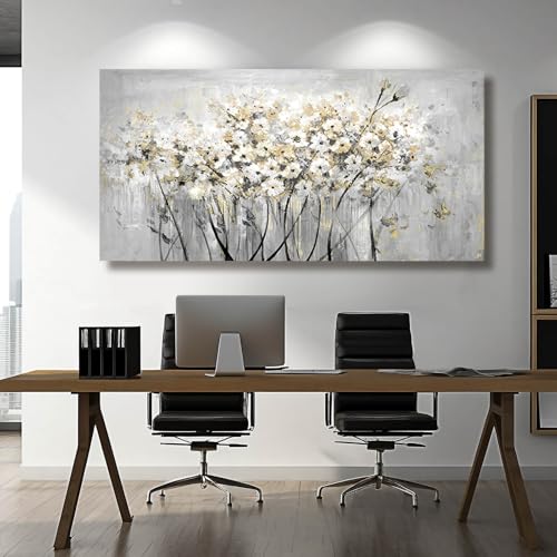 Image of VAYIMDH Gold Pictures Wall Decor Living Room Wall Hanging White and Grey Vintage Posters Floral Photo Prints for Bedroom Dining Room 24x48 Inch