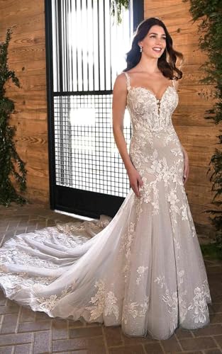 Chicbridal Sparkly Mermaid Wedding Dresses for Bride Long V Neck Lace Appliqeus Tulle Bridal Gowns with Train2