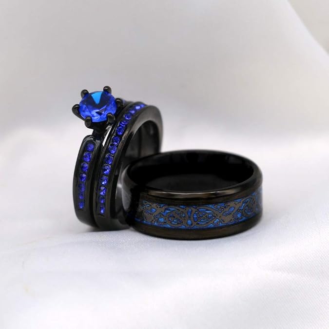 Couple Rings Black Plated Round cut Blue Cz Womens Wedding Ring Sets Stainless Steel Men Wedding Band