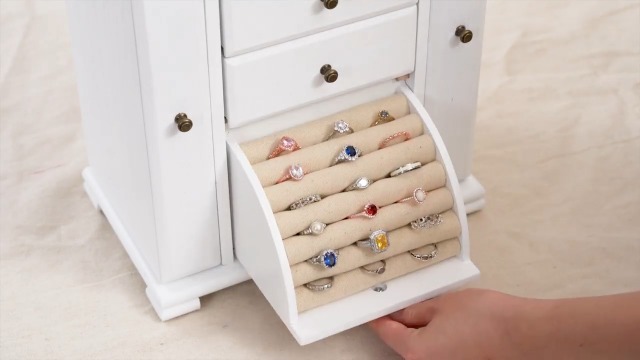 Emfogo Portagioie da donna, rustico, in legno, con specchio, organizer a 4 strati, per anelli, orecchini, collane, bracciali (nero