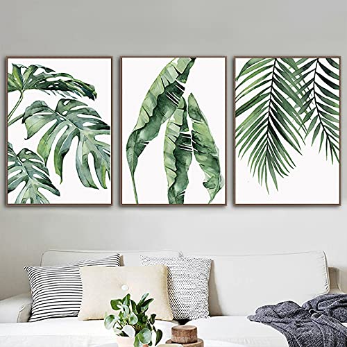 Décoration maison feuilles vertes triptyque mural moderne 50x70cm sans cadre