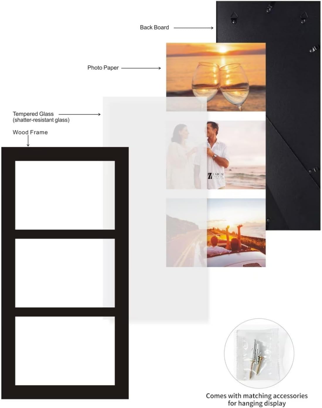 5x7 3-Opening Collage Picture Frame with Shatter-Resistant Glass & Black Wood Photo Frames for 5x7 Inch Pictures Display Made for Tabletop Stand and Wall Mounting - Image 5