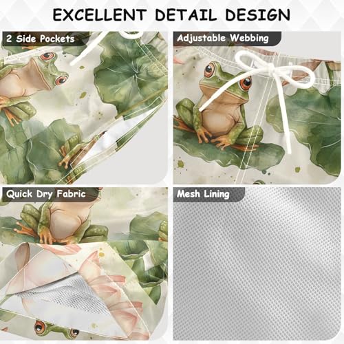 Pigsaly Boys' Swim Board Shorts Vintage Watercolor Lotus Flowers Green Frogs Boy's Swim Trunks Kids Swimwear S3