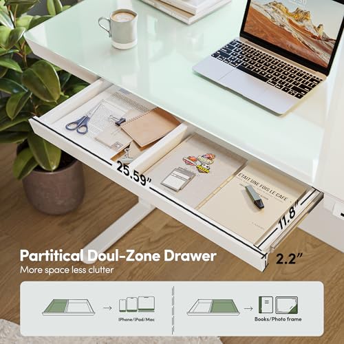 FEZIBO Elektrisch sta-bureau met glasplaat, in hoogte verstelbaar, 120 x 60 cm, homeoffice-tafel, met USB-A- tot C-oplaadpoort, wit frame/wit tafelblad - Afbeelding 6