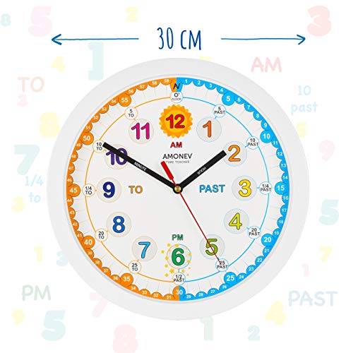 Amonev Time Teacher Clock Children Silent Wall Clock, Easy To Read Clock With Non Ticking Movement. Teach Children How To Read An Analogue Clock (White) #TOP3