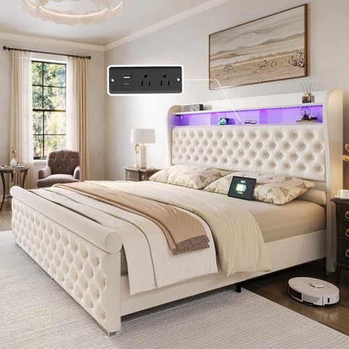 ROCHECASA King Size Bed Frame with Storage and Charging Station, 50.6' Tall Velvet Upholstered Sleigh Bed with Wingback Bookcase Headboard with LED Light, No Box Spring Needed, Easy Assemble, Cream