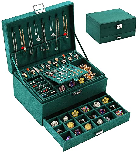 Image of Velvet Three Layer New Vintage Flannel Jewelry Box Earrings Earrings Rings Necklace Bracelets Jewelry Organiser Storage Case With Drawer For Girls Women Dark Green (AB-05)