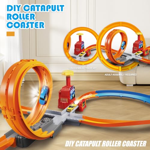 Circuit de course de voitures miniatures avec catapulte DIY et looping pour garçons