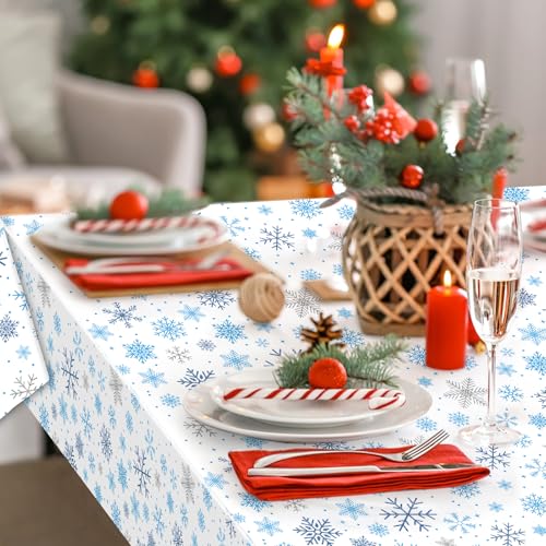 Image of Gistome 3-Piece 54 x 108 Inch Snowflake Plastic Tablecloth - Blue and White Christmas Holiday Disposable Table Cover for Winter Parties, Xmas Dinners, and Indoor Outdoor Decorations