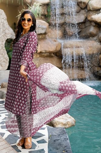 Image of MIRCHI FASHION Women's Straight Fit Pure Cotton Floral Printed Kurta Set with Dupatta and Pant