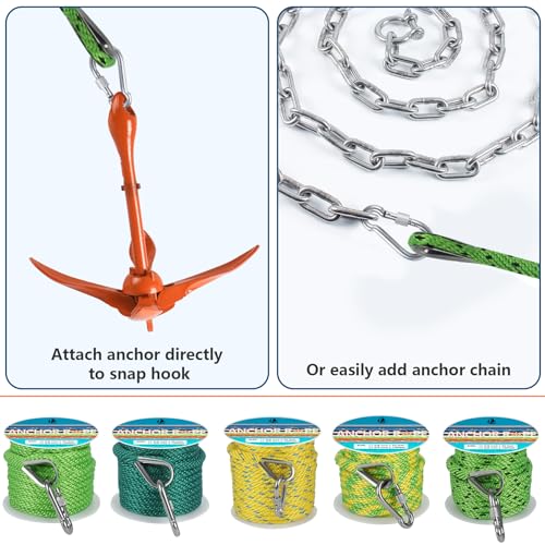 Anchor Rope 50 Ft 3/8 in, Premium Solid MFP Braid Anchor Line with Heavy Duty 316 Stainless Steel Thimble & Snap Hook, Boat Anchor Rope Marine Rope for Anchor and Boat - Green & Black