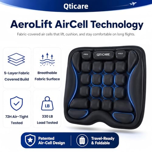 Image of Airplane Seat Cushion, Air-Cell Travel Cushion for Long Flights, Inflatable Portable Seat Pad with Built-in Pump for Air Travel, Car, Office Chair and Wheelchair