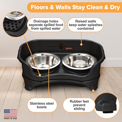 Neater Feeder Express Mess Proof Dog Bowls Elevated for Small Breed – Made in USA – No Spill Raised Slow Feeder Elevated Dog Bowl Stand, Stainless Steel Food and Water Bowl Set, Black