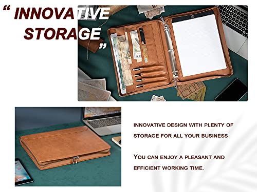 Azxcg Padfolio For Women, 3 Ring Binder Business Portfolio, Vegan Leather Zipper Binder Portfolio Folio, Document Notebook Organizer With A4 Clipboard Folder, Gift For Men, Brown #TOP7