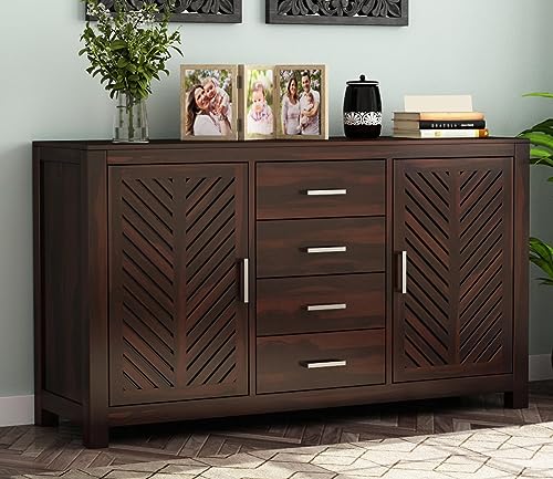 Image of Solid Sheesham Wood Sideboard Cabinet - Multipurpose Wooden Storage Unit with 4 Drawers & 2 Door - Free-Standing Chest for Living Room, Dining Room & Entryway - Walnut Finish