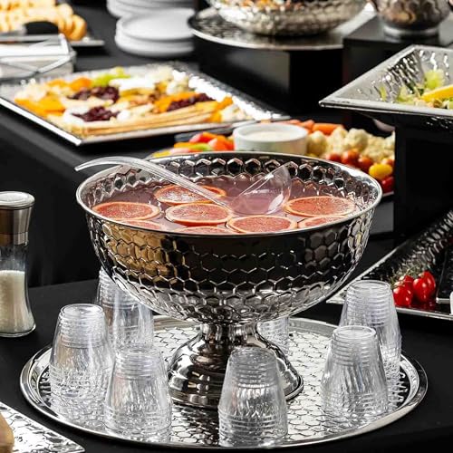 TableCraft 12850 Hive Collection Round Punch Bowl, Mirror Finish Stainless Steel Punch Bowl with Textured Honeycomb Design, Pedestal Display Bowl, 15.5\" x 15.5\" x 10.5\", Silver